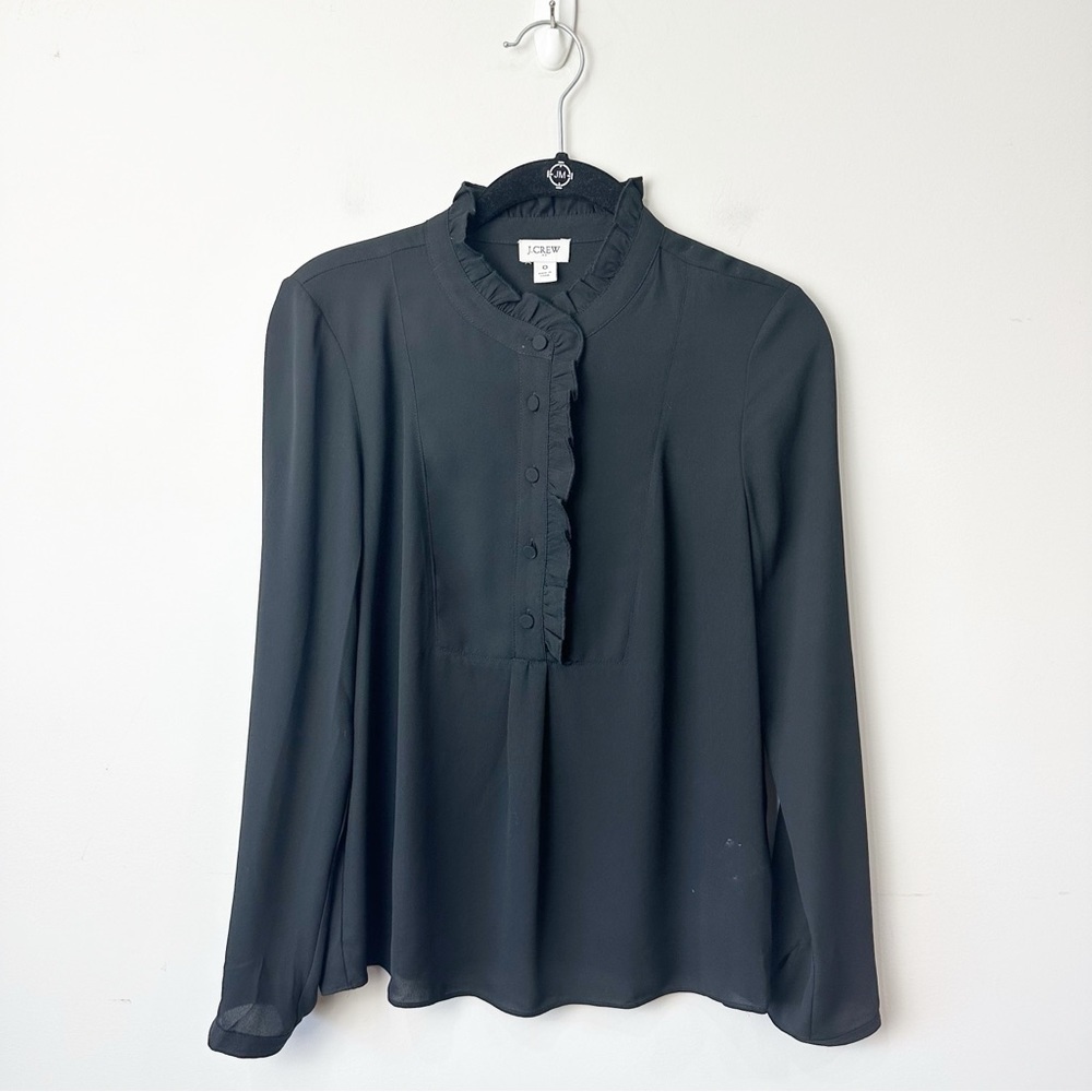 Jcrew Ruffled Neckline Blouse Shirt Top Black Button Front